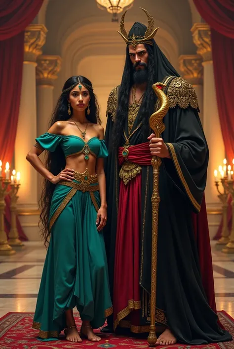 A young Arabian princess and a sinister sorcerer stand side by side in a grand, opulent palace chamber illuminated by golden candlelight. The princess, a stunning young woman with long, flowing black hair adorned with a sapphire headband, wears an elegant ...