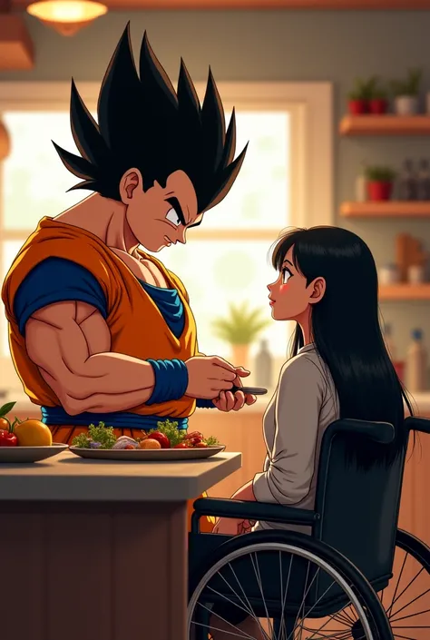 Chubby Vegeta cooking his girlfriend in a wheelchair watching him in love with long black hair 