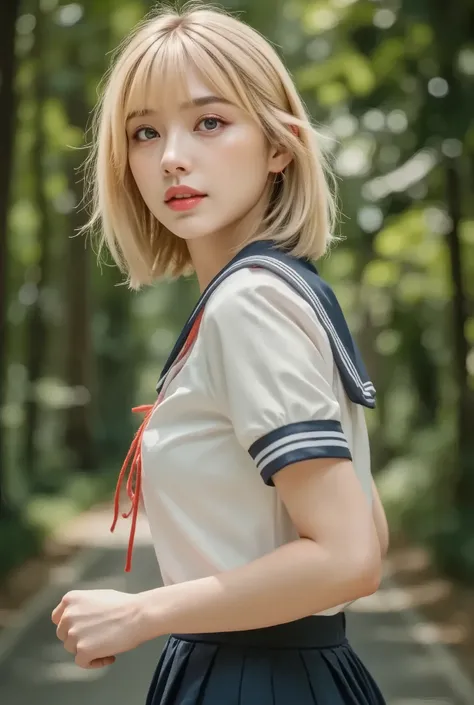 (A woman wearing a dark blue serafuku is running briskly:2.5), , (((( look back , looking back , full body)))), (Outdoors:1.4),(art anatomically perfect body:2.6), (she is healthy and normal:1.6), (she has no physical defect:2.0), ( slim and well-balance...
