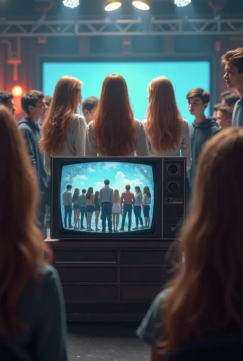 Stand up one , It has to be realistic,  we have to see boys in the background, ils sont dix, then in front of them nine girls with long hair on a TV set