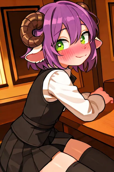 от реси)), alone,  of the best quality, sheep horns,  ultra-detailed illustration,  green eyes, warm colors,  perfect lighting , (guy ram:1.6) , female face and body , длинные hair,  purple hair , skirt,   long black stockings, servant clothes , black vest...