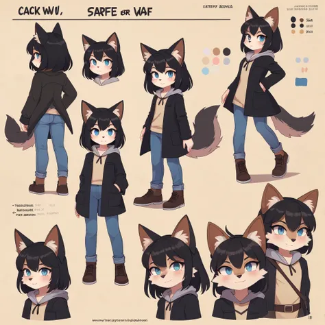  young girl ,  in black hair, cat ears, in coats and jeans, with huge arrows, fluffy wolf tail, with different eyes, 
CHARACTER SHEET DIFFERENT ANGLES STAMPING POSE. 