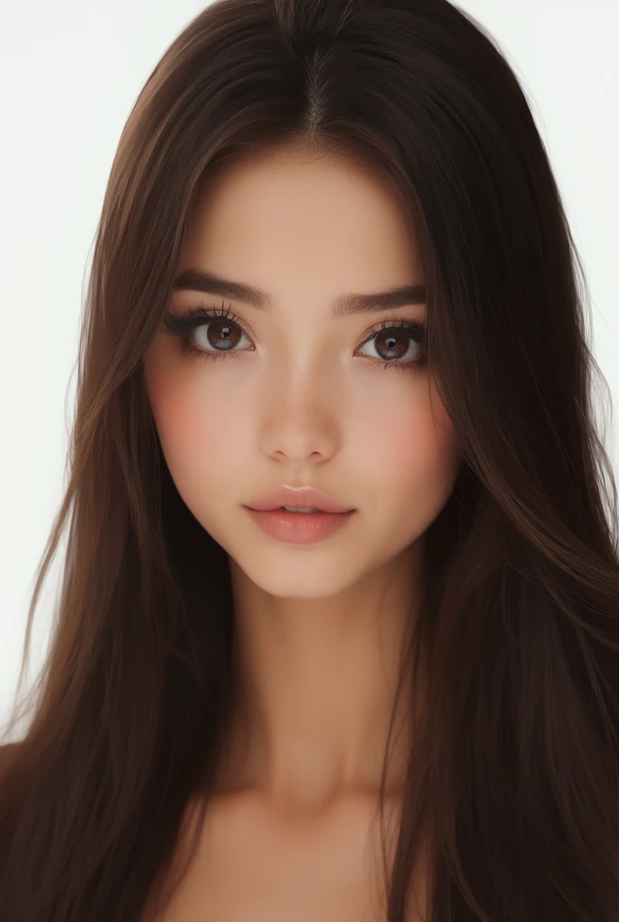 Ultra realistic photo portrait of a brunette with perfect straight and glossy long hair behind the ears, European, no makeup, extremely large and perfectly round-shaped eyes with solid black irises and pupils, no almond shape, extremely thick, bold, bushy,...