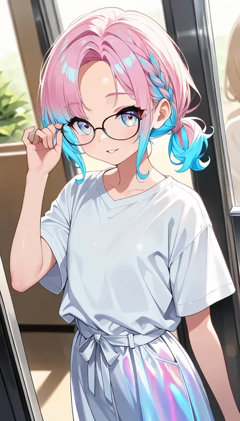 1girl,((glasses)),solo,(safe:1.2),tiny chest,(Adjusting her glasses:0.7),beautiful eyes,shiny eyes, Iridescent eyes,{Multicolored  hair,Iridescent hair},gradation hair , The color of the inner hair is a brighter shade of the outer hair color with added lig...