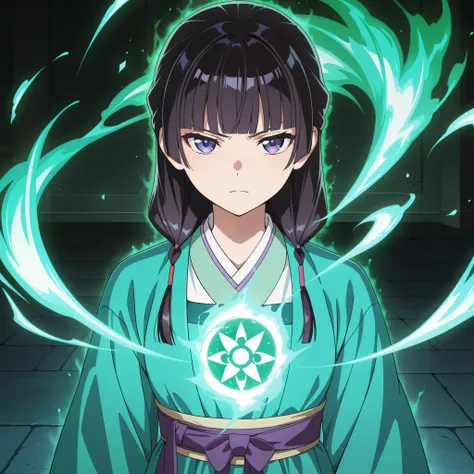 masterpiece, best quality, amazing quality, anime screencap. BREAK. maomao_(kusuriya_no_hitorigoto), alchemy, green_energy, focused_look, alchemical_circle, floor, overflowing_energy, detailed, dynamic_lighting, solo, 1girl, traditional_clothes, hanfu, dar...