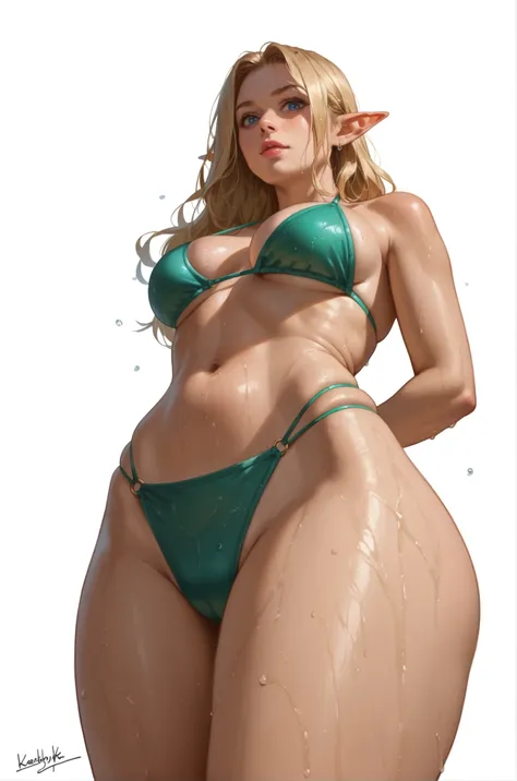 1girl, solo, sexy, slutty, pointy ears, blue eyes, blonde hair, very straight hair, green bikini, cleavage, medium breast, hands behind back, wide hips, thighs, wet, standing, looking at viewer, from below, from front, (white background)