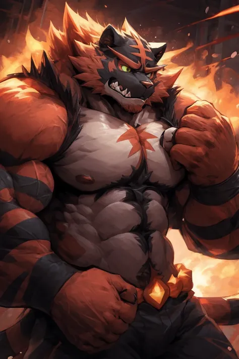 Incineroar, Alone,  muscular, perfection_eye, perfection_face,  abs, big_Chest,wide_body,  muscular_arms, boxing ringest _background, Alone, Incineroar_( Pokemon ), anger, all_body, close_ up the side,  malely,  male, berry_body,  brown_horn, big_eye, only...