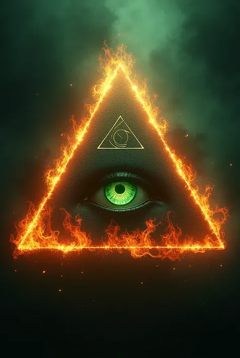 Triangle with one eye set in fire showing Illuminati symbols with green and black meson text