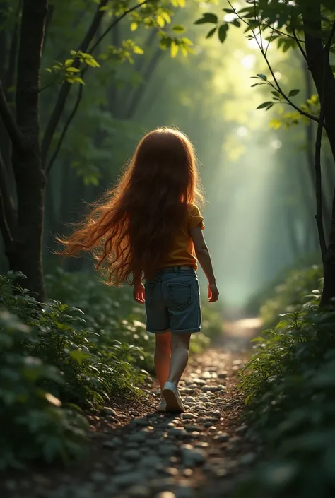 Hello,  can it generate the following picture . girl,  with long chestnut hair ,  which has fallen to a small narrow path .  On the path there are pebbles , nervousness and t . n and in the distance you can see how it was sent,  and in front of it there is...