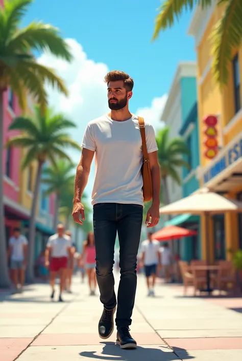  30-year-old male,  hazel eyes,  short brown hair, Walking in Miami , with black jeans and a white t-shirt and black ankle boots, with a light beard for 1 day,  illustration 