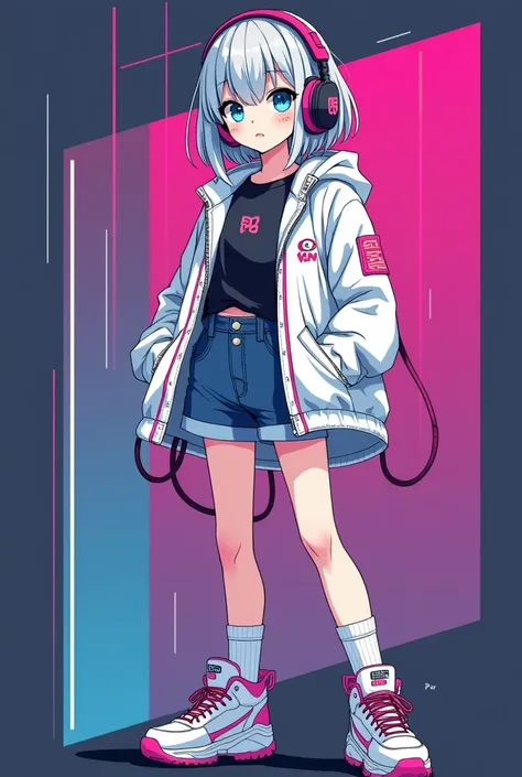 Pixelart
girls
6 life-size
silver hair, outer wing, short hair
white cyberpunk parka jacket
Neon colored lines
denim shorts
trekking shoes
neon blue eyes
Downer system
cyberpunk style headphones
Neon colored barrettes
Japaneseanime
white one-leg knee-high ...