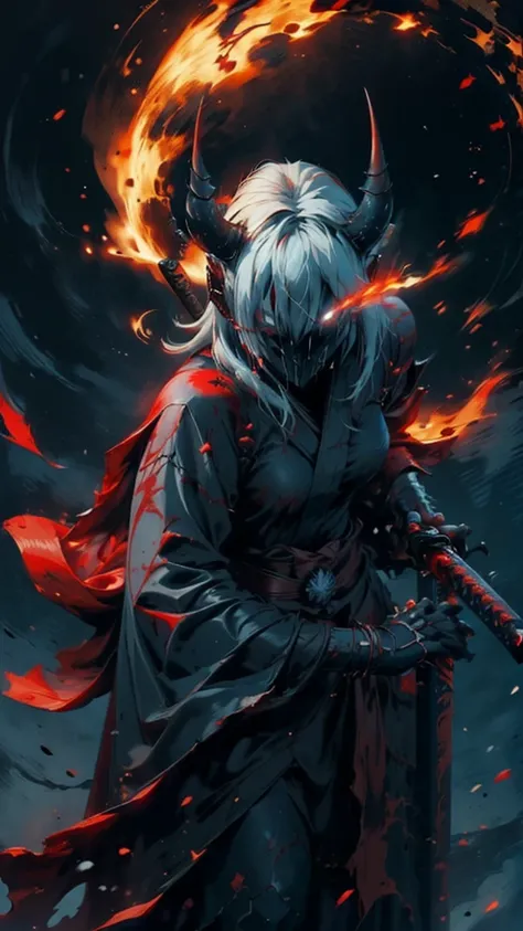 ( best quality photo, ultra detailed),Ultra HD 8K,Japanese demon woman, Female body,  slender body, old, blue and red fire, Cold, dark clothes and red patterns, animated,2d, katana,  white hair, red eyes, Oni Mask, dark and dark atmosphere. Souls in pain, ...