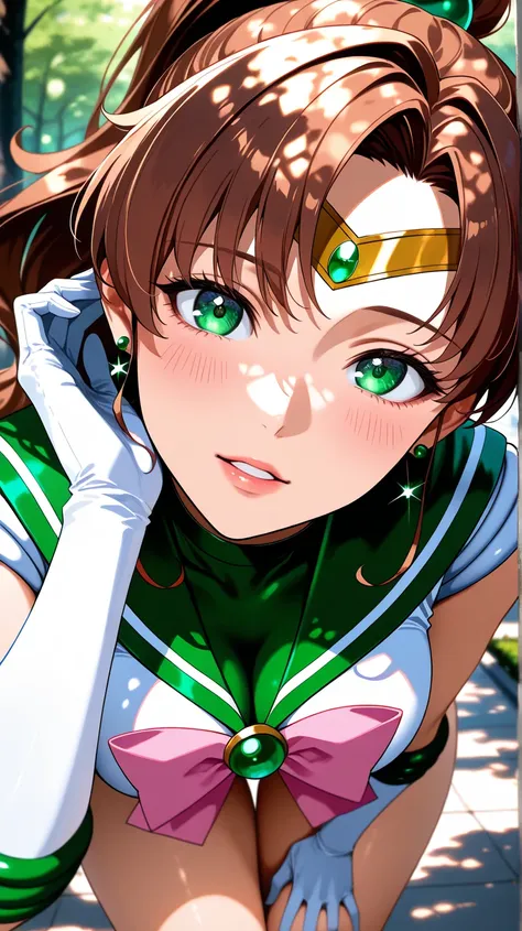 masterpiece, best quality, amazing quality, very aesthetic, high resolution, ultra-detailed, absurdres, newest, 1woman, solo, sailor jupiter, (sailor jupiter costumes), breasts, large ass, thick thighs, head tilt, leaning forward, looking at viewer, parted...