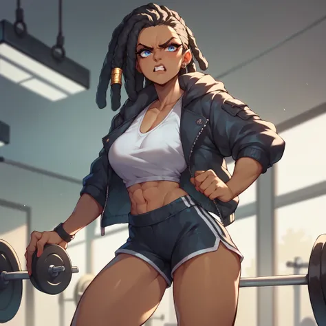 a black girl with blue eyes and dreadlocks. she wears a black jacket with a white shirt and black short shorts. she looks angry while standing in a gym