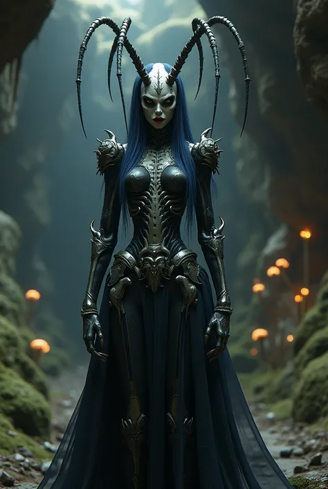 /imagine  Full body portrait of a tall, slender, and powerful beautifull humanoid female insect queen, bone and chitin armor, pale grey skin, bone mask covering upper face, intricate insect and skull carvings on mask, long dark blue-black hair, visible ful...