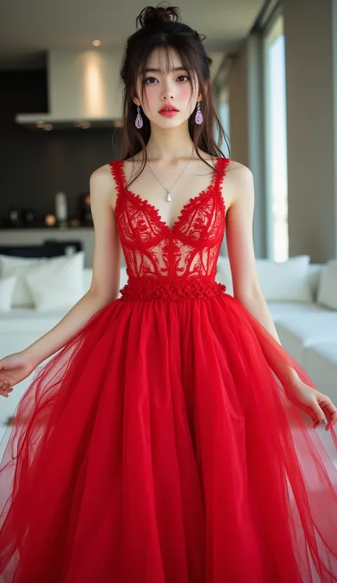 8k, masterpiece,  top quality,   Beautiful Korean Women  ,  full body photo,  Red Lace Bodysuit ,  deep neckline,  exquisite detail, Roomy ,  Ruffled Red Tulle Skirt  , Dramatic Sensibility , Large Drop Earrings ,  High Heels Sandals ,   Delicate Light Pur...