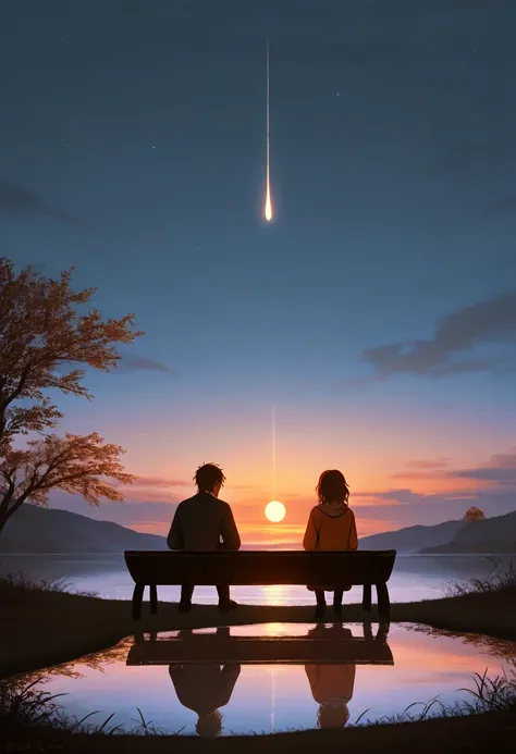 In the twilight, the lingering rays of the sun paint the sky in hues of deep red and orange. The pond's surface reflects a warm, amber glow, shimmering with the colors of the setting sun. A couple sits on a bench by the water's edge, their silhouettes blen...