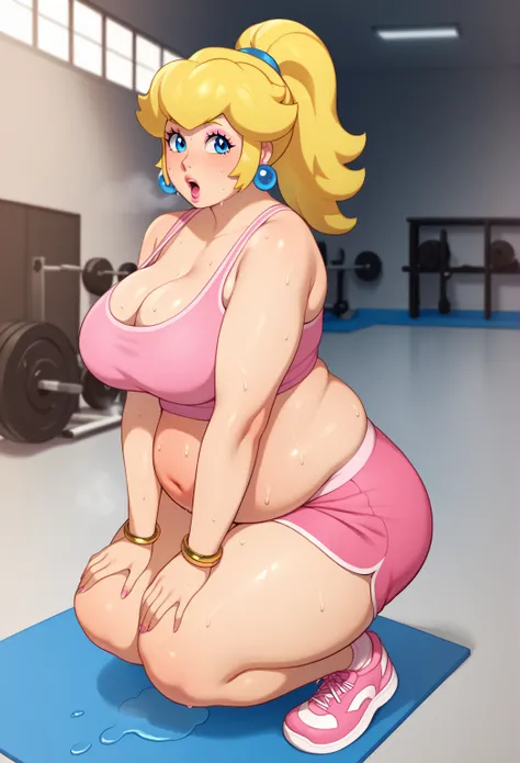 score_9, score_7_up, 1girl, solo, solo, princess peach, 1girl, solo, , blonde hair, ponytail, jewelry, bracelet, makeup, casual, cowboy shot, blue eyes, looking at the viewer, large breasts, hands on knees, pink tanktop, sweaty, pink shorts, sweating profu...