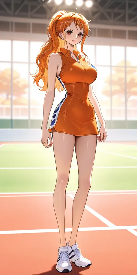 Masterpiece, elegant mature woman, Nami(one piece), black orange eyes, high ponytail long hair, tall body, tennis uniform, white sneakers, full body, dynamic lighting, ultra detailed, highres, absurdres, tennis field, stunning visual cg, looking at viewer,...