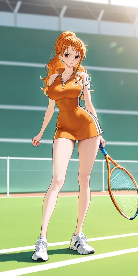 Masterpiece, elegant mature woman, Nami(one piece), black orange eyes, high ponytail long hair, tall body, tennis uniform, white sneakers, full body, dynamic lighting, ultra detailed, highres, absurdres, tennis field, stunning visual cg, looking at viewer,...