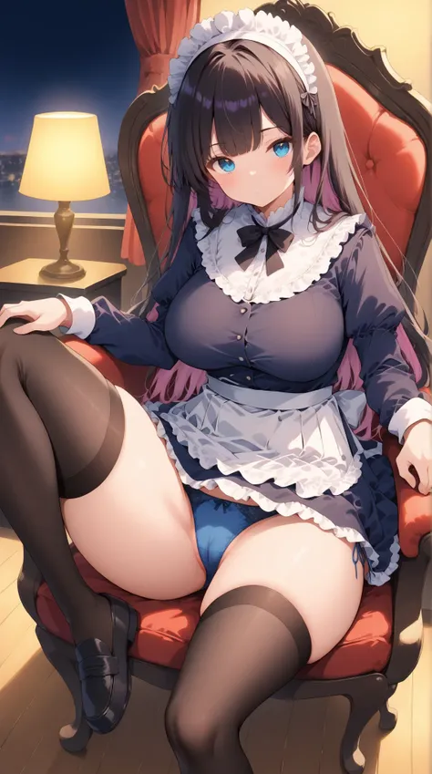  1 GIRL, ( Masterpiece), ( anatomically correct), look up, Late Night,  moonlight ,[Faint Light:1.8],  hotel, [ plump body:1.9], ( expressionless ), (Black and purple gradient color straight hair), (Bang Bangs),Thick thighs,chest,navy blue lolita dress, Na...