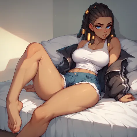 a black girl with blue eyes and dreadlocks. she wears a black jacket with a white shirt and black short shorts. she is sitting on a bed with her feet sticking out to you.