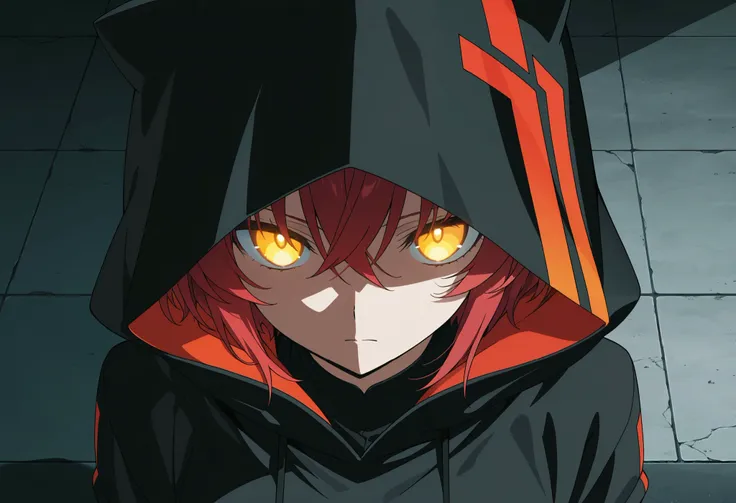 masterpiece, best quality, amazing quality, anime screencap. BREAK. red_hair, hood, glowing_eyes, yellow_eyes, shadow, under_hood, female