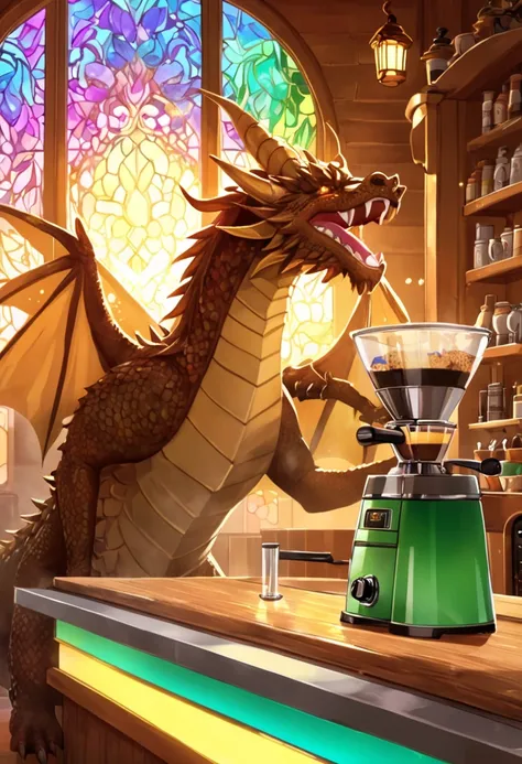 a majestic dragon barista with shimmering scales in vibrant hues of blue and green, standing behind a cozy café counter. The dragon is skillfully extracting a rainbow-colored coffee from a sleek espresso machine. It has elegant horns adorned with small glo...