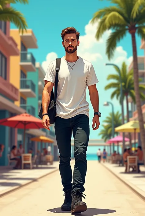  30-year-old male, handsome,  hazel eyes,  short brown hair, Walking in Miami , with black jeans and a white t-shirt and black ankle boots, with a light beard for 1 day,  illustration 