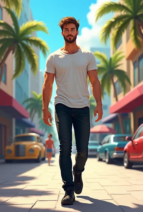  30-year-old young male, handsome,  hazel eyes,  short brown hair, Walking in Miami , with black jeans and a white t-shirt and black ankle boots, with a light beard for 1 day,  illustration 