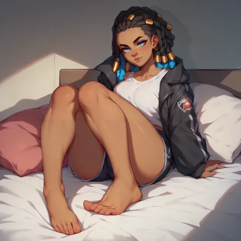 a black girl with blue eyes and dreadlocks. she wears a black jacket with a white shirt and black short shorts. she is sitting on a bed with her feet sticking out to you.