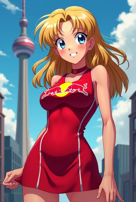 sailor venus, Minako Aino, sailor moon, red bull dress, Red Bull logo on the chest, Smiling, Alone, Tower in background, anime