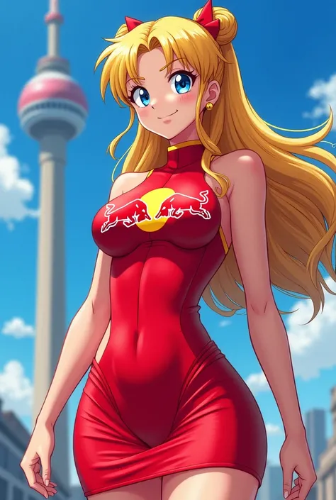 sailor venus, Minako Aino, sailor moon, red bull dress, Red Bull logo on the chest, Smiling, Alone, Tower in background, anime