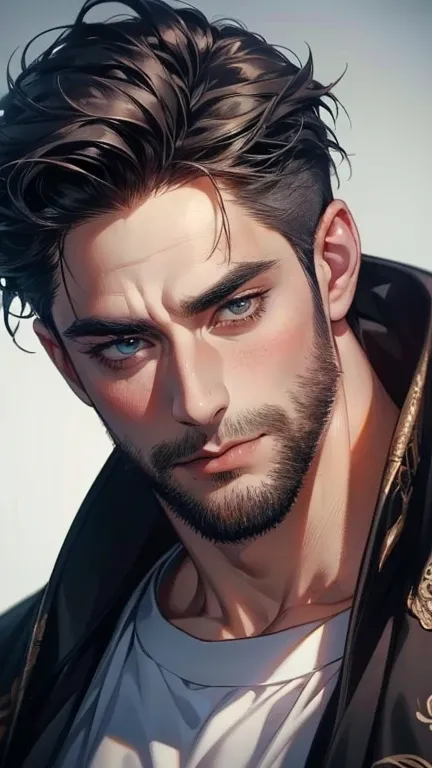 (       ,4K,8k,         highres,         masterpiece :1.2),         ultra-detailed    ,(realistic,photorealistic,photo-realistic:1.37),36-year-old man,3 day beard,Beautiful anime,Portraits,strong,Masculine,          with black hair  ,sharp jaw,            ...