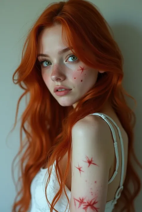  A young girl with long red hair and green eyes,  is very pretty, but there are scars on exposed skin other than her face  