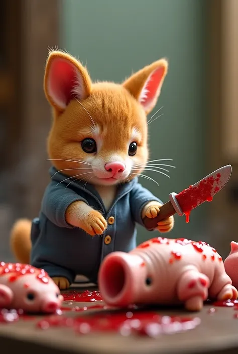  the world of Sylvanian families 。Red brown white cat 、 is dismantling 、 and there is no sign of concern 、 pigs and simmering stew beside the rotten bodies of lots of pigs。 the pig's body is rolling 、 chopped up 。 red brown white cat has a survival knife i...