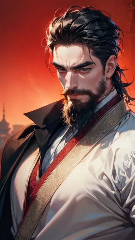 (       ,4K,8k,         highres,         masterpiece :1.2),         ultra-detailed    ,(realistic,photorealistic,photo-realistic:1.37),36-year-old man,3 day beard,Beautiful anime,Portraits,strong,Masculine,          with black hair  ,sharp jaw,            ...