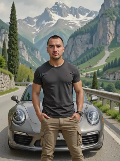 a stylish caucasian man strong wearing cargo pants and a dark oversize t-shirt, in front of a porsche 911 in an italian mountain