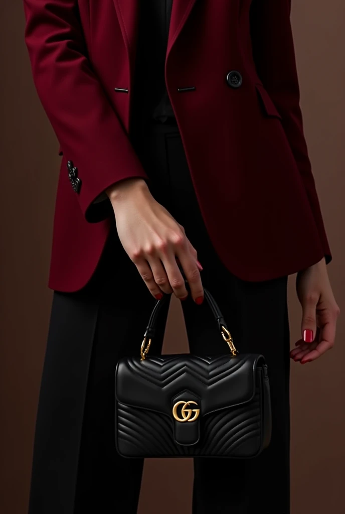 Generate an image of a blond woman wearing a dark red blazer, Of red nail polish, holding a black Gucci bag on her arm.  This woman's face cannot appear. Focus only on the hands and the bag