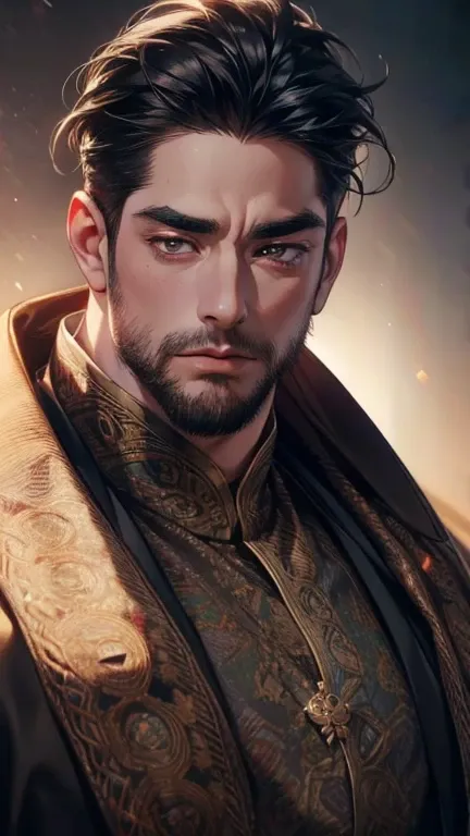 (       ,4K,8k,         highres,         masterpiece :1.2),         ultra-detailed    ,(realistic,photorealistic,photo-realistic:1.37),36-year-old man,3 day beard,Beautiful anime,Portraits,strong,Masculine,          with black hair  ,sharp jaw,            ...