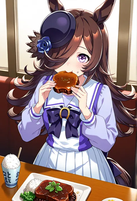 deTailed eyes,     girl,     rice shower  (Uma Musume),     horse ears,   animal ears,     Her hair is down until she covers her eyes, horse Tail,   horse    girl , Tail, length、Having a meal、Eating at the table、 Hamburg Steak