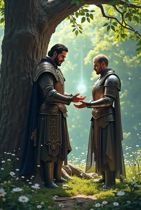 Handsome alchemist using the power of ether to heal a handsome knight in armor who is leaning against a tree