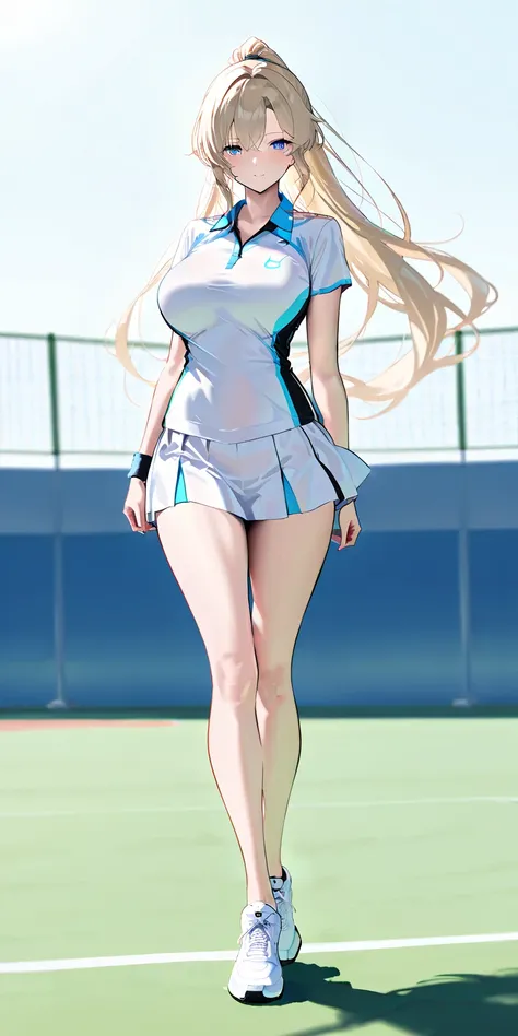 Masterpiece, elegant mature woman, Usagi Tsukino(sailomoon), blue eyes, high ponytail long hair, tall body, tennis uniform, white sneakers, full body, dynamic lighting, ultra detailed, highres, absurdres, tennis field, stunning visual cg, looking at viewer...