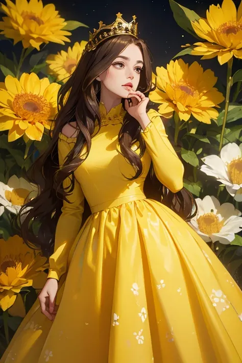 (    masterpiece,     High-quality vaccines  ), 1 ,     alone, (queen:1.15),         brown hair,         long hair,  cortina ,   yellow floral dress , queen&#39;s Dress    ,   Aurora, (sunlight, null, Rio,     forest),     inexpressive,     red eyes, (    ...