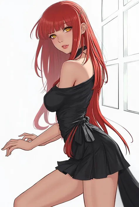 mamimi, 1girl , Alone,  long hair suit,  looking at the viewer, fringe, thin,  big, saggy tits, ( white background:1.8), (glowing skin :1.5),  black dress,  dressed as a virgin killer,  raised skirt,  thin waist,  wide hips, black thongs , cameltoe, neckli...