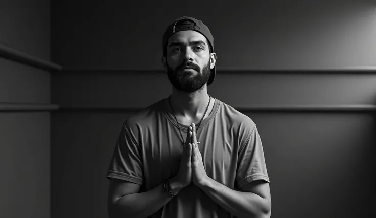 (photorealism:1.2), "A young man with a beard stands in a quiet space, his hands clasped together in prayer. He wears a simple t-shirt, a backwards cap, and a necklace with a small cross pendant that symbolizes his faith. The scene is captured in black and...