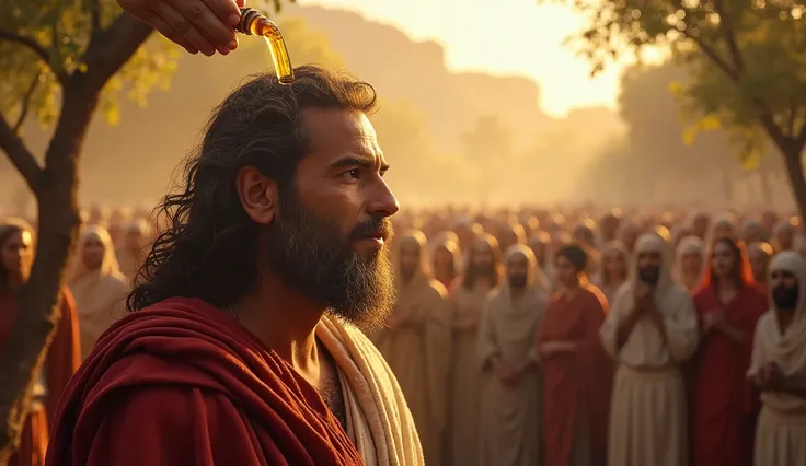 The Anointing of Saul

"A grand scene in an ancient Israelite village, where the prophet Samuel anoints Saul as king. Golden sunlight filters through olive trees, illuminating Saul's humble yet strong face. His expression is a mix of awe and uncertainty. A...