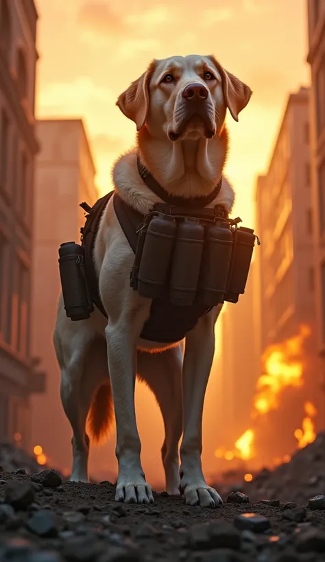 /imagine prompt: Gigantic Labrador dog standing majestically on destroyed building, tactical military vest with grenades, powerful muscular build with intense gaze, surrounded by chaotic urban warzone with burning debris, creating an epic and intense atmos...