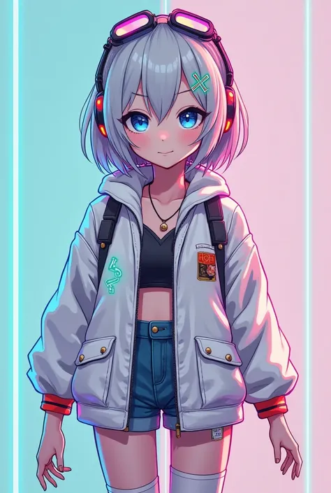 
 girl
6 life-size
Short hair outside silver hair
white cyberpunk parka jacket
Neon colored lines
denim shorts
trekking shoes
neon blue eyes
Downer system
cyberpunk style headphones
Neon colored barrettes
Japaneseanime
white one-leg knee-high socks
digital...