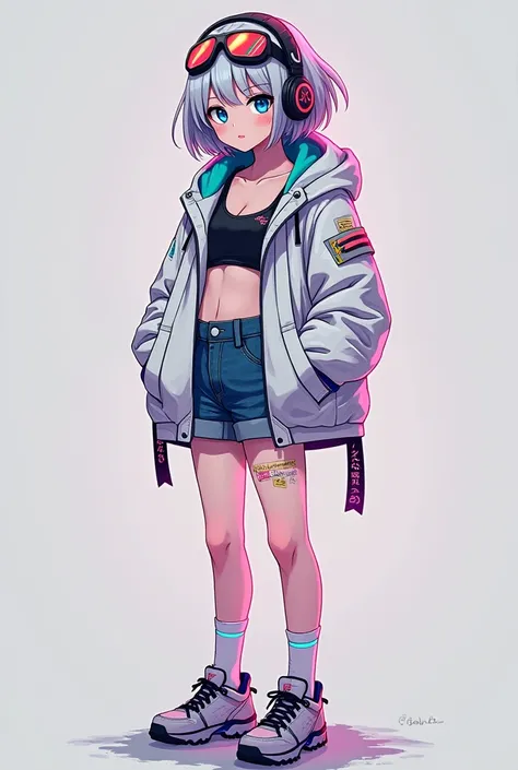 
 girl
6 life-size
Short hair outside silver hair
white cyberpunk parka jacket
Neon colored lines
denim shorts
trekking shoes
neon blue eyes
Downer system
cyberpunk style headphones
Neon colored barrettes
Japaneseanime
white one-leg knee-high socks
digital...